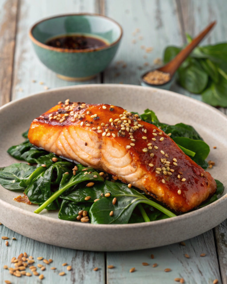 Spicy Maple Glazed Salmon with Sesame Spinach