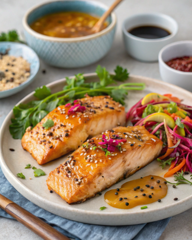 Miso-Butter Seared Salmon with Pickled Ginger Slaw